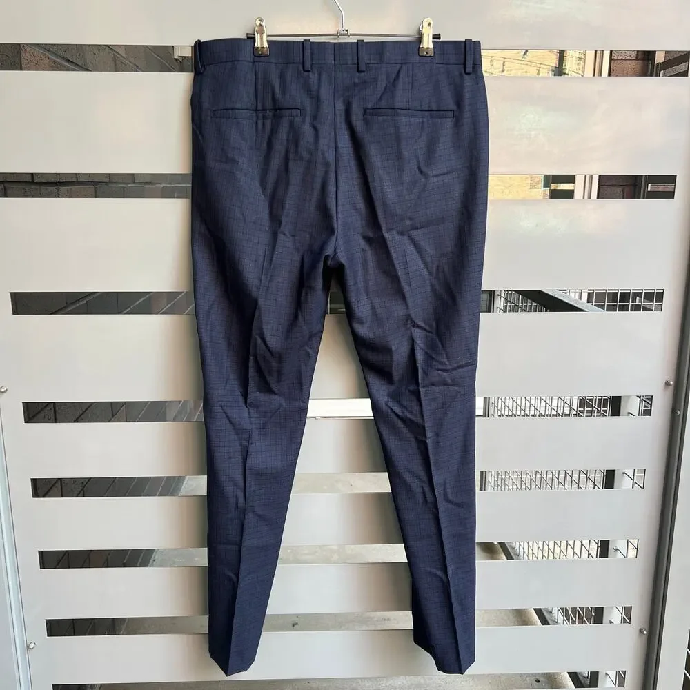 Theory Navy Textured Tonal Grid Wool Slim Fit Dress Pants Size 34